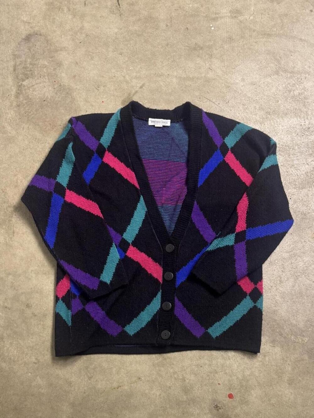 Vintage 80s Private Eyes Geometric Argyle Knit Cardigan
